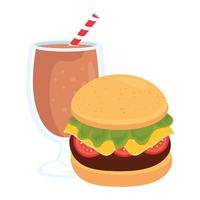 Comida rápida, deliciosa taza de batido con hamburguesa, sobre fondo blanco. vector