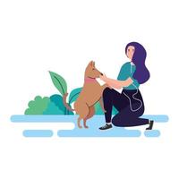 young woman with a dog outdoor, on white background vector