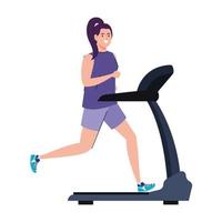 Mujer corriendo en caminadora, máquina de entrenamiento eléctrico sobre fondo blanco. vector