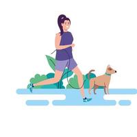 Mujer corriendo con perro al aire libre, sobre fondo blanco. vector