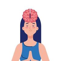 meditating woman with brain icon, on white background vector