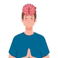 Hombre meditando con icono de cerebro, sobre fondo blanco. vector