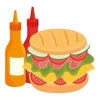 delicious sandwich with bottled sauce on white background