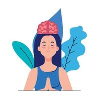 Mujer meditando con icono de cerebro, sobre fondo blanco. vector