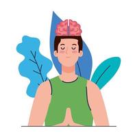 Hombre meditando con icono de cerebro, sobre fondo blanco. vector