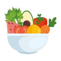 Frutas y verduras frescas en un tazón sobre fondo blanco. vector