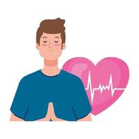 hombre meditando con corazón en el fondo vector