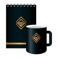 Maqueta de cuaderno y taza negra con letrero dorado, identidad corporativa vector