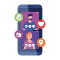 pareja en el chat de video en línea en el teléfono inteligente, con iconos de redes sociales vector