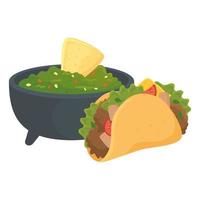 comida rápida, comida mexicana taco con guacamole, sobre fondo blanco vector