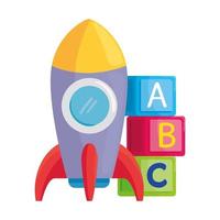 child toys, rocket with alphabet cubes on white background vector