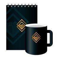 notebook and mug black mockup, with golden sign, corporate identity vector