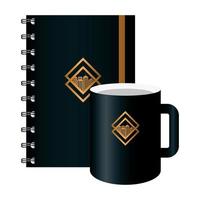 maqueta de cuaderno y taza negra, con letrero dorado, identidad corporativa vector