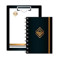 maqueta portapapeles negro y documento, cuaderno, con signo dorado, identidad corporativa vector