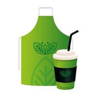 mockup disposable coffee and apron with sign of green company, corporate identity vector