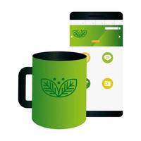 maqueta de taza y teléfono inteligente con signo de empresa verde, identidad corporativa vector