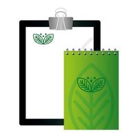 maqueta de cuaderno y portapapeles con signo de empresa verde, identidad corporativa vector