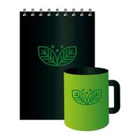 maqueta de taza y cuaderno con signo de empresa verde, identidad corporativa vector