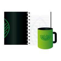 maqueta de taza y cuaderno con signo de empresa verde, identidad corporativa vector