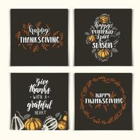 Autumn set of invitation cards with lettering calligraphy phrase -Happy Pumpkin Spice Season, Thanksgiving day, Give thanks with a grateful heart. Hand made motivation quote. vector