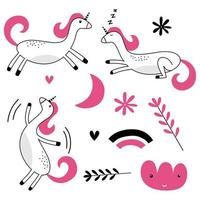 Set of colored funny animals with sleeping moon, cloud, star and unicorn dreams in scandinavian style. vector