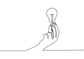 One line continuous draw, human hand with a light bulb. Hand holds light bulb logo identity. vector