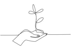 mano sosteniendo la maceta de la planta. dibujo continuo de una línea del tema de regreso a la naturaleza. vector