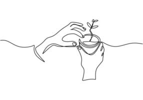 mano sosteniendo la maceta de la planta. dibujo continuo de una línea del tema de regreso a la naturaleza. vector