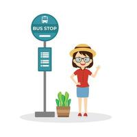 mujer turista esperando el bus