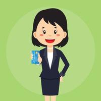 personaje de mujer de negocios sosteniendo una tarjeta bancaria vector