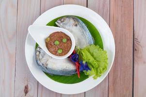 Chili paste in a bowl with mackerel photo