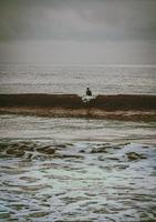 Person in white shirt sitting on brown sand near body of water during daytime photo