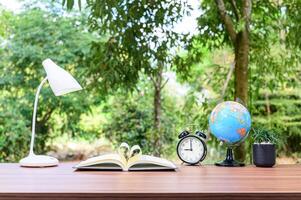 Desk with nature background photo