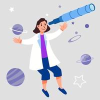 astronomía científico personaje femenino flotante diseño imaginativo vector