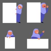 personaje plano de chica islam asomando detrás del tablero en blanco vector