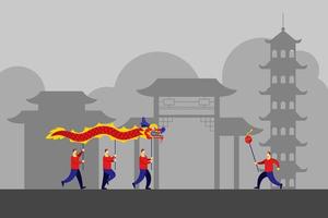 paisaje de construcción china y danza tradicional del dragón vector