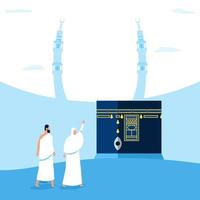 Couples Of Hajj Pilgrims Character Step Down On Kaaba Area vector