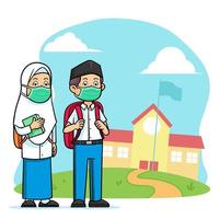 High School Islamic Student Character Wearing Face Mask vector