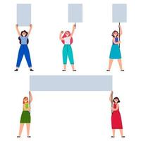 Women Protester Bring Blank Placard Collection Set vector