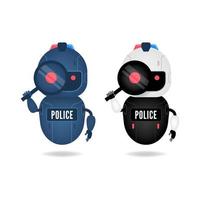 robot androide amigable con la policía mirando a través de la lupa.