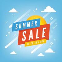 Summer sale up to 50 percent off promotion banner with blue sky and clouds background. vector