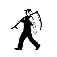 Organic Farmer Walking with Scythe Viewed from Side Retro Black and White Design vector