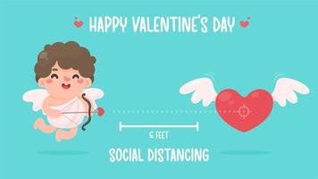 Cupido sostuvo un arco y apuntó una flecha al corazón. ideas de espaciado social para el día de san valentín vector