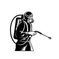 Pest Control Exterminator Spraying Side Retro Woodcut in Black and White