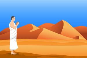 Standing And Praying Of Hajj Pilgrim At Desert vector