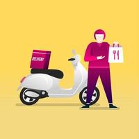 El repartidor sostiene una bolsa de comida de pie con una motocicleta. servicio de comida a domicilio en scooter con mensajería. vector