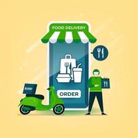 Delivery man holds a food bag standing with a motorcycle. Food delivery online on mobile application. vector