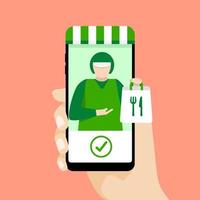 Food delivery man on mobile phone screen holding food in paper bag. vector