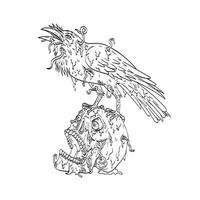 Raven Perching on Top of Human Skull Dripping with Earthworm or Burrowing Worm Line Art Drawing vector