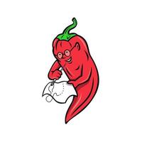 Red Chili Pepper Wearing Granny Glasses and Stitching Cloth with Sewing Needle Mascot vector